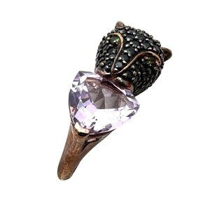 Black Spinel Multi Gemstone Jaguar Cat Rose Gold Sterling Silver Ring Size 6